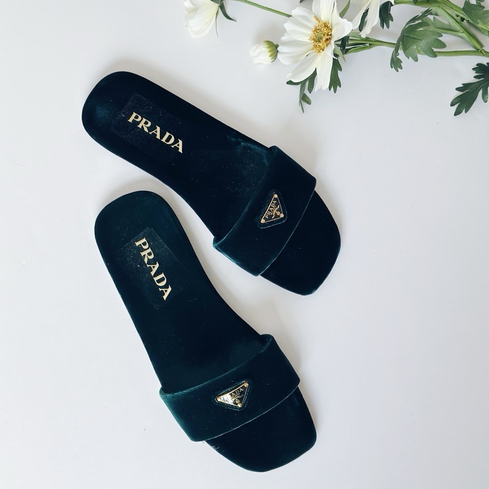 Prada Women’s Triangle Logo Dark Green Velvet Slide Sandals - Picture 3 of 13